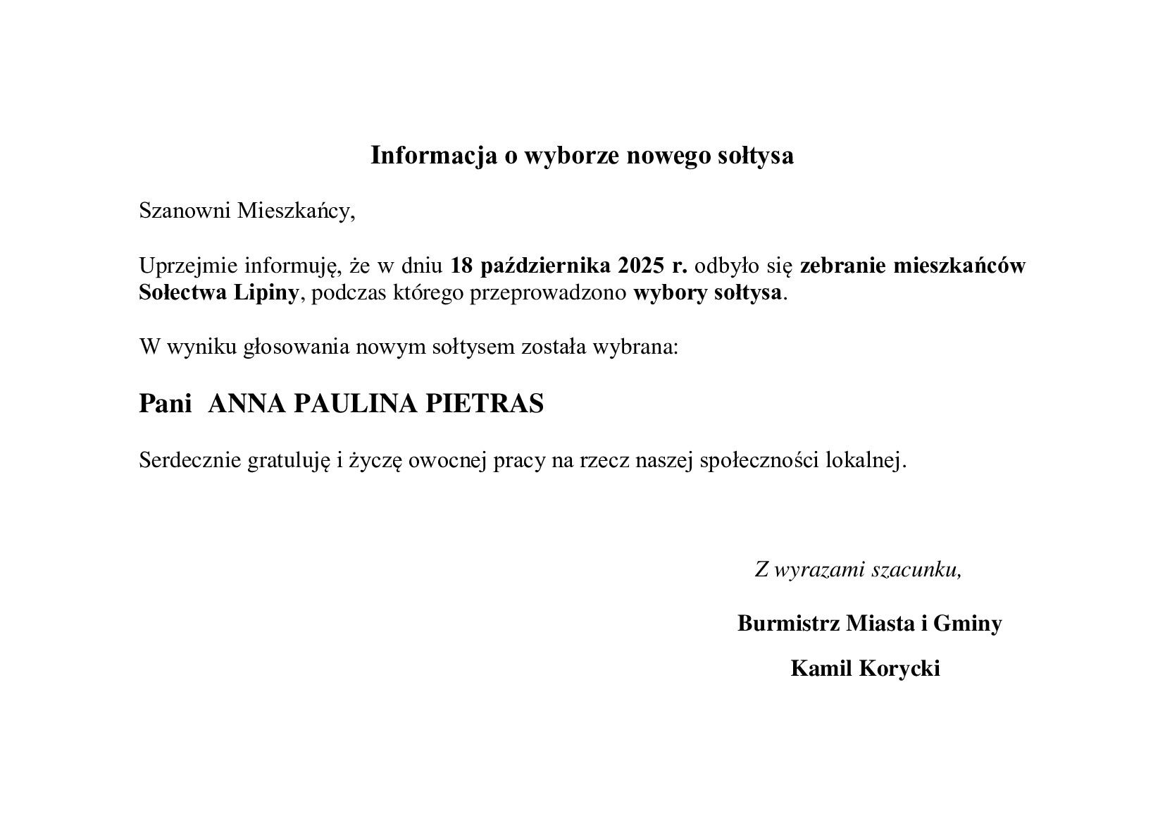 informacja o wyborze Sołtysa